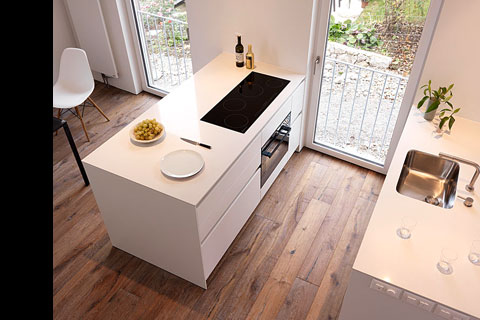 view from above on white kitchen, modern cooking front